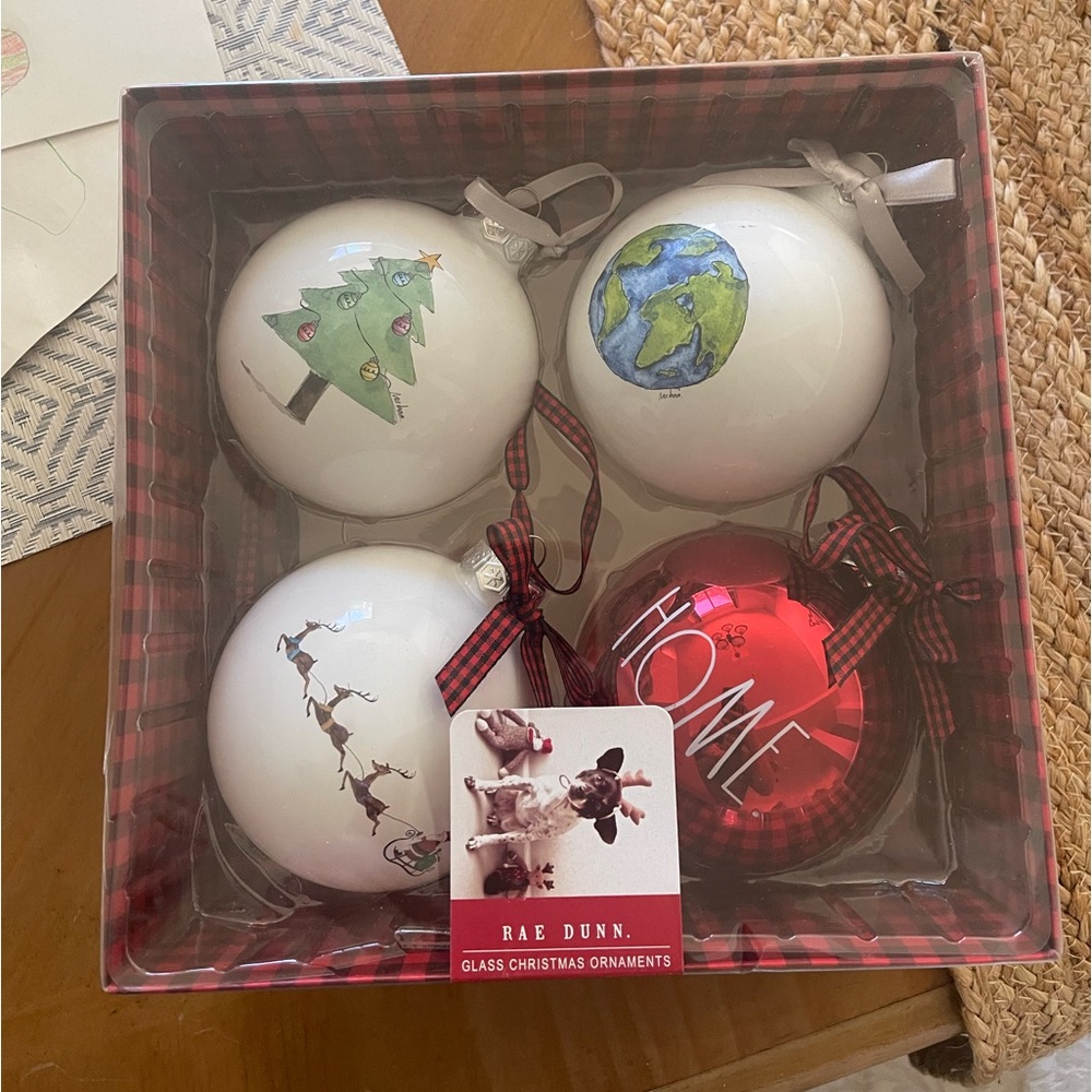 Rae Dunn Christmas Glass Ornament Set of 4